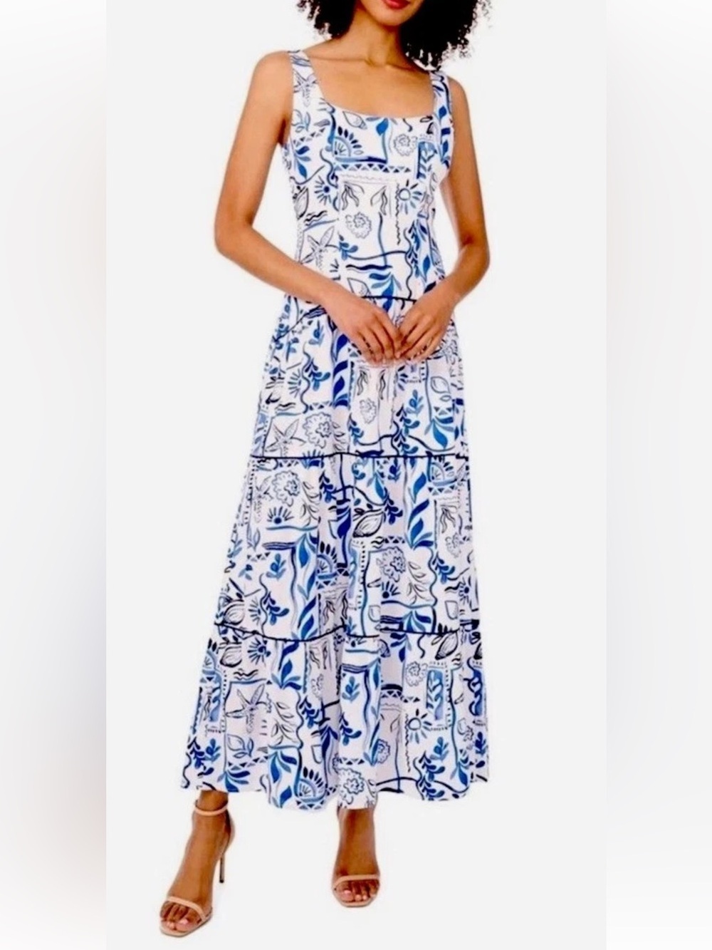 CeCe Linen Blend Tiered MIDI Sun Dress Coastal Seashells Starfish Blue White M